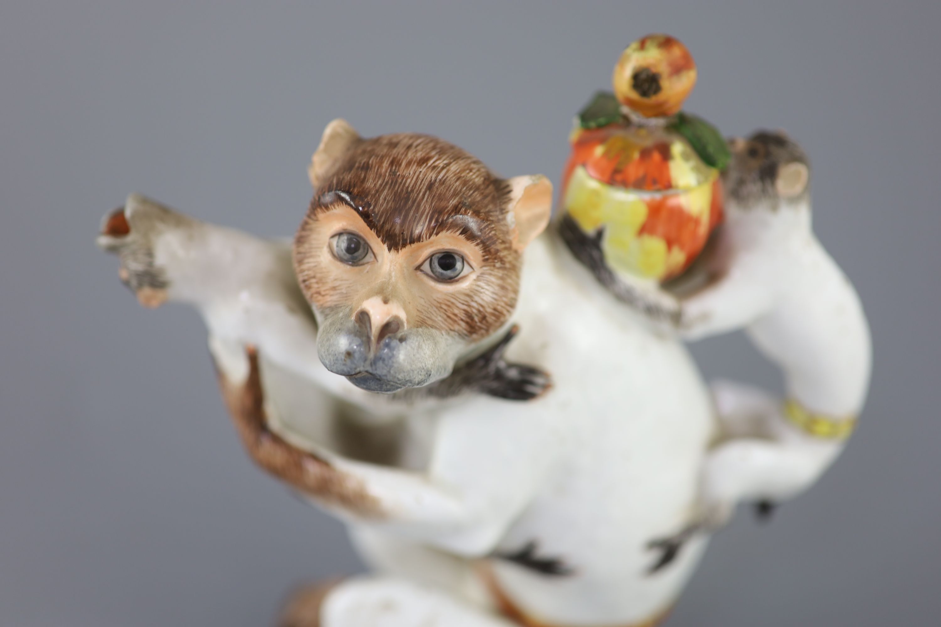 A Meissen porcelain monkey teapot and cover, circa 1735, modelled by J.J. Kaendler, 19.5cm high